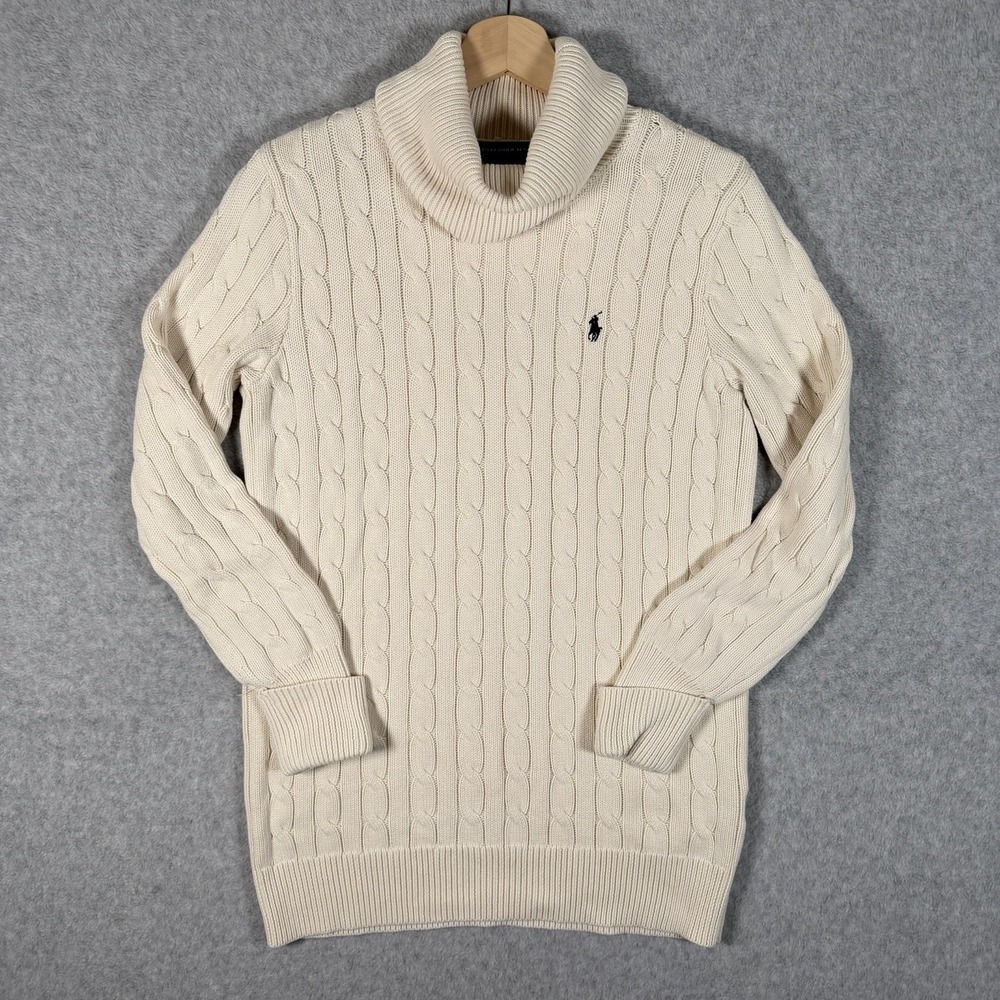 VTG Ralph Lauren Sport Sweater Womens Medium Cream Turtleneck Cable Knit Cotton